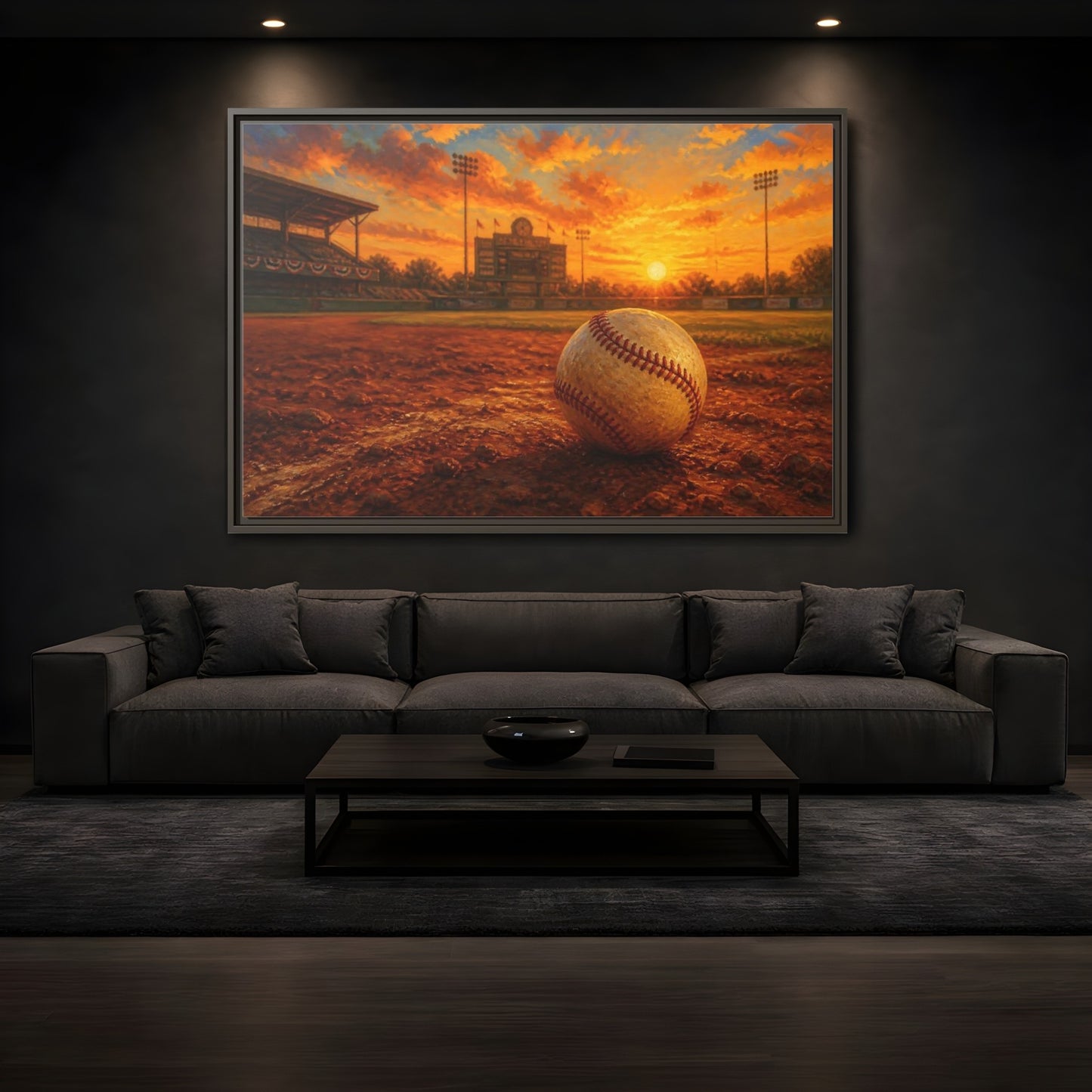 Mockup 3. Evening At The Ballpark shown as framed canvas print
