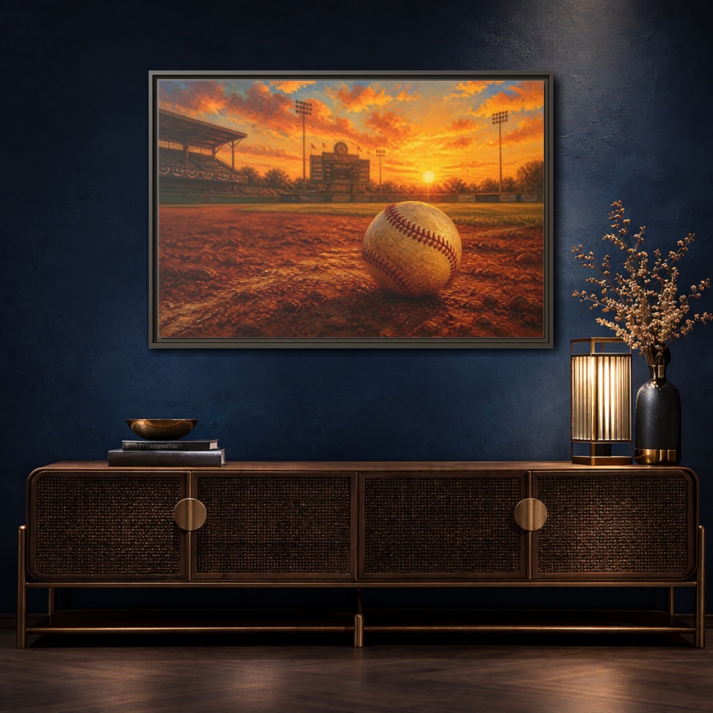 Mockup 4. Evening At The Ballpark shown as framed canvas print