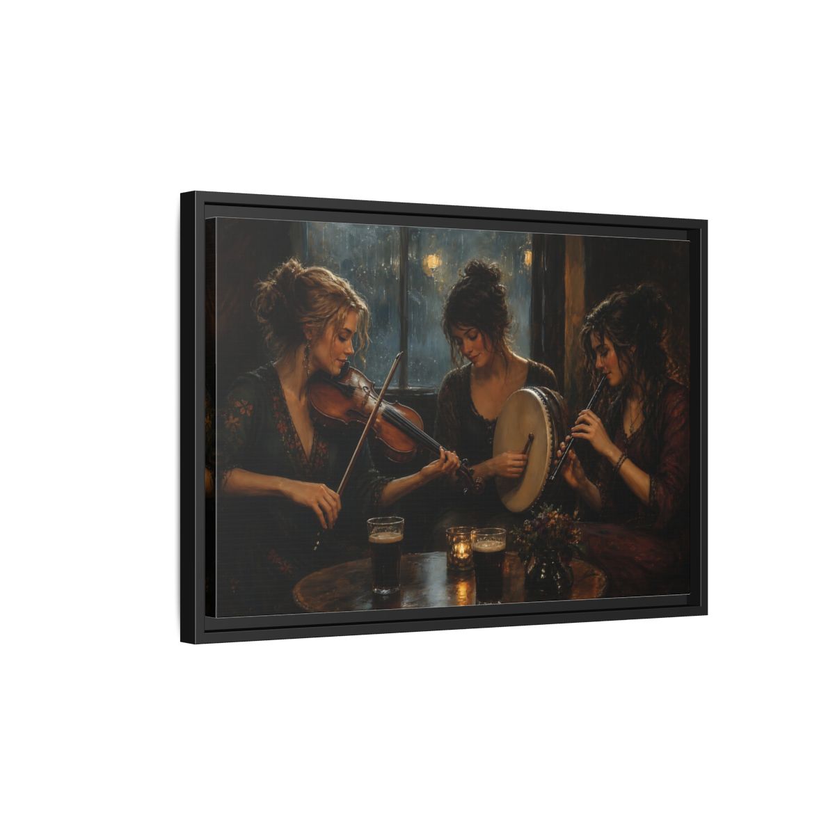 Side Mockup 3. Evening Folk Session shown as framed canvas print
