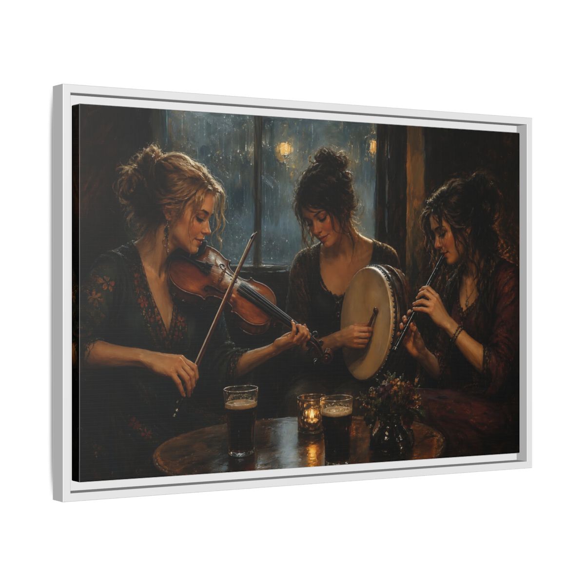 Side Mockup 10. Evening Folk Session shown as framed canvas print
