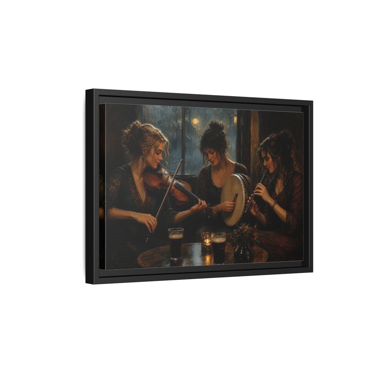Side Mockup 6. Evening Folk Session shown as framed canvas print