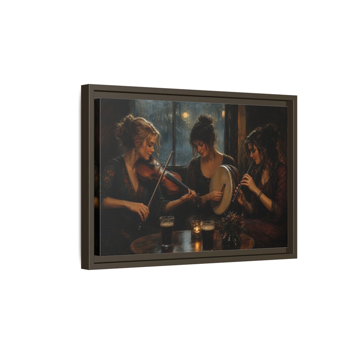 Side Mockup 5. Evening Folk Session shown as framed canvas print