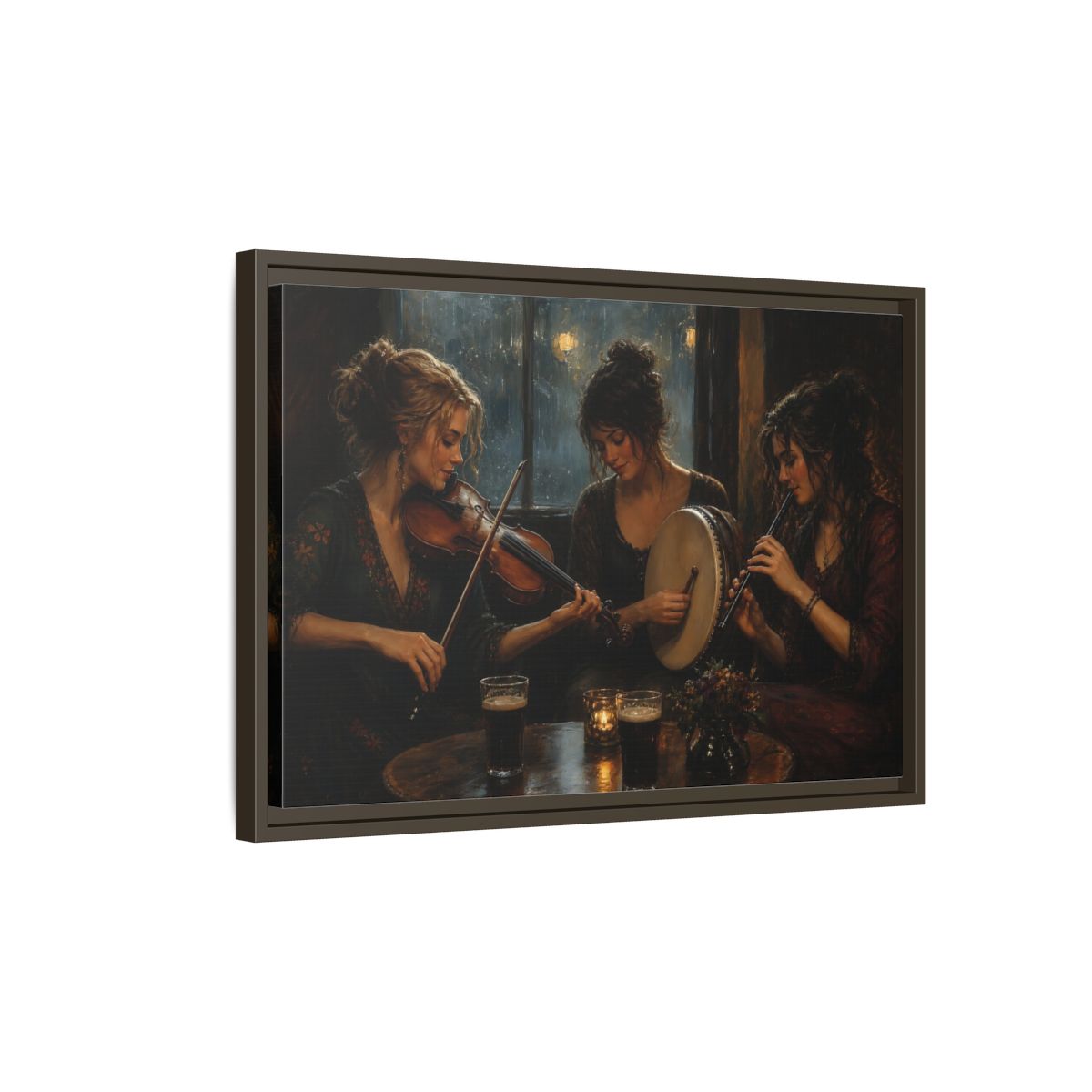 Side Mockup 2. Evening Folk Session shown as framed canvas print