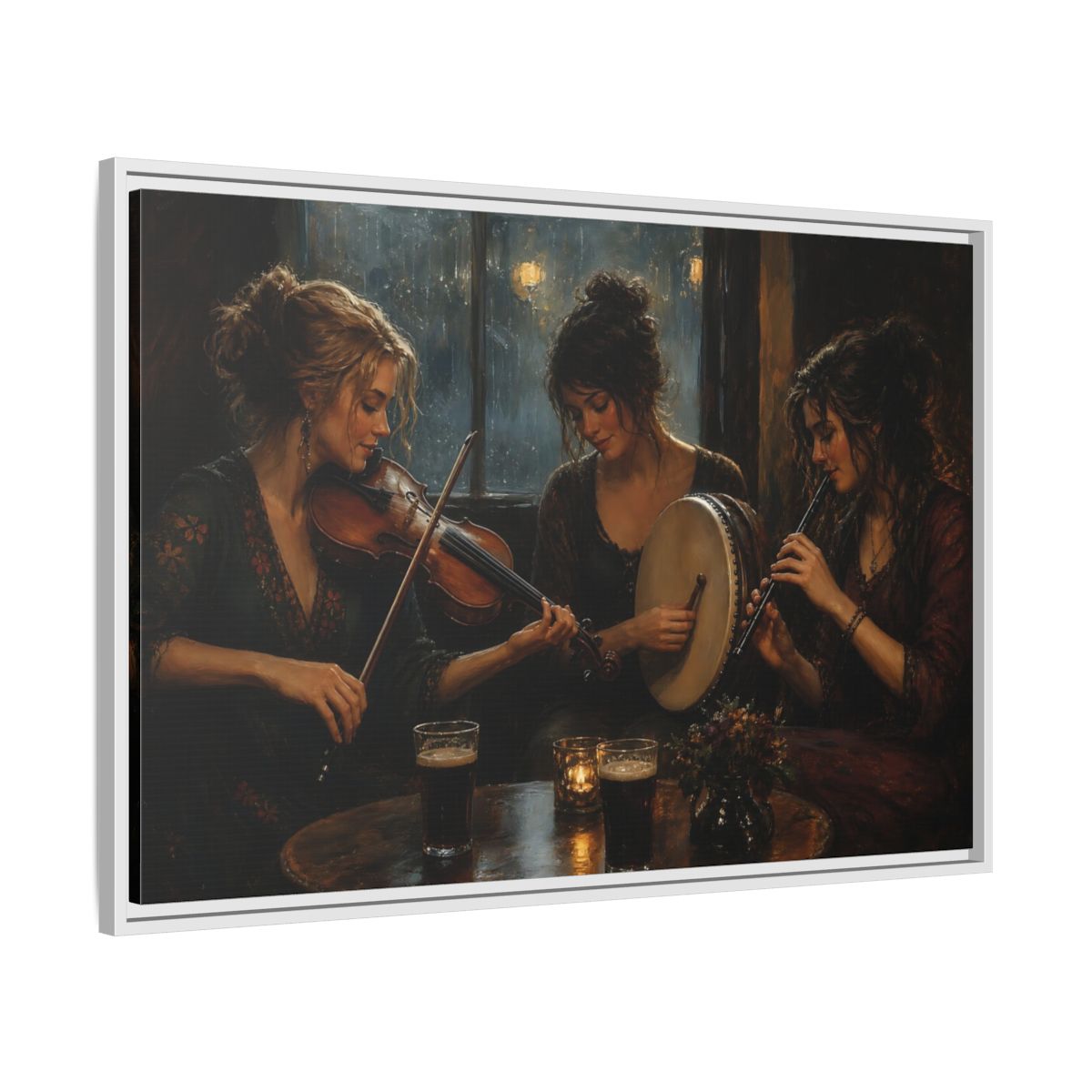Side Mockup 9. Evening Folk Session shown as framed canvas print
