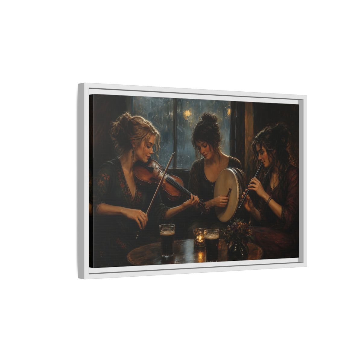 Side Mockup 1. Evening Folk Session shown as framed canvas print