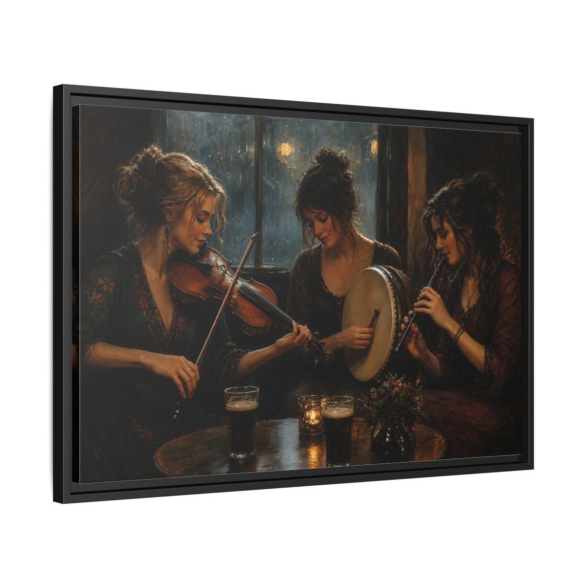 Side Mockup 14. Evening Folk Session shown as framed canvas print