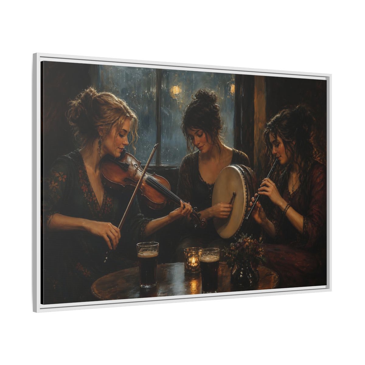 Side Mockup 7. Evening Folk Session shown as framed canvas print