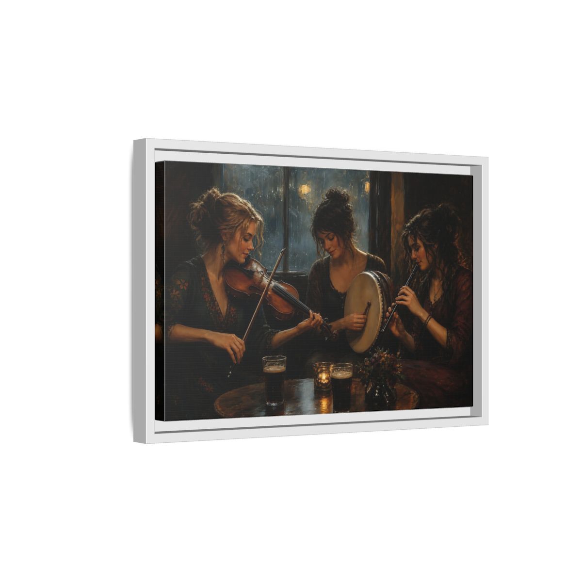 Side Mockup 4. Evening Folk Session shown as framed canvas print