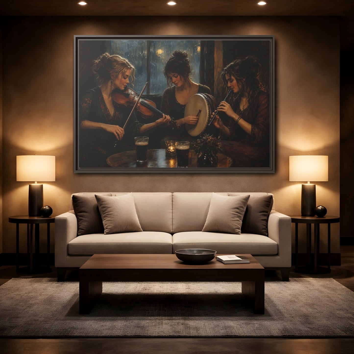 Mockup 2. Evening Folk Session shown as framed canvas print