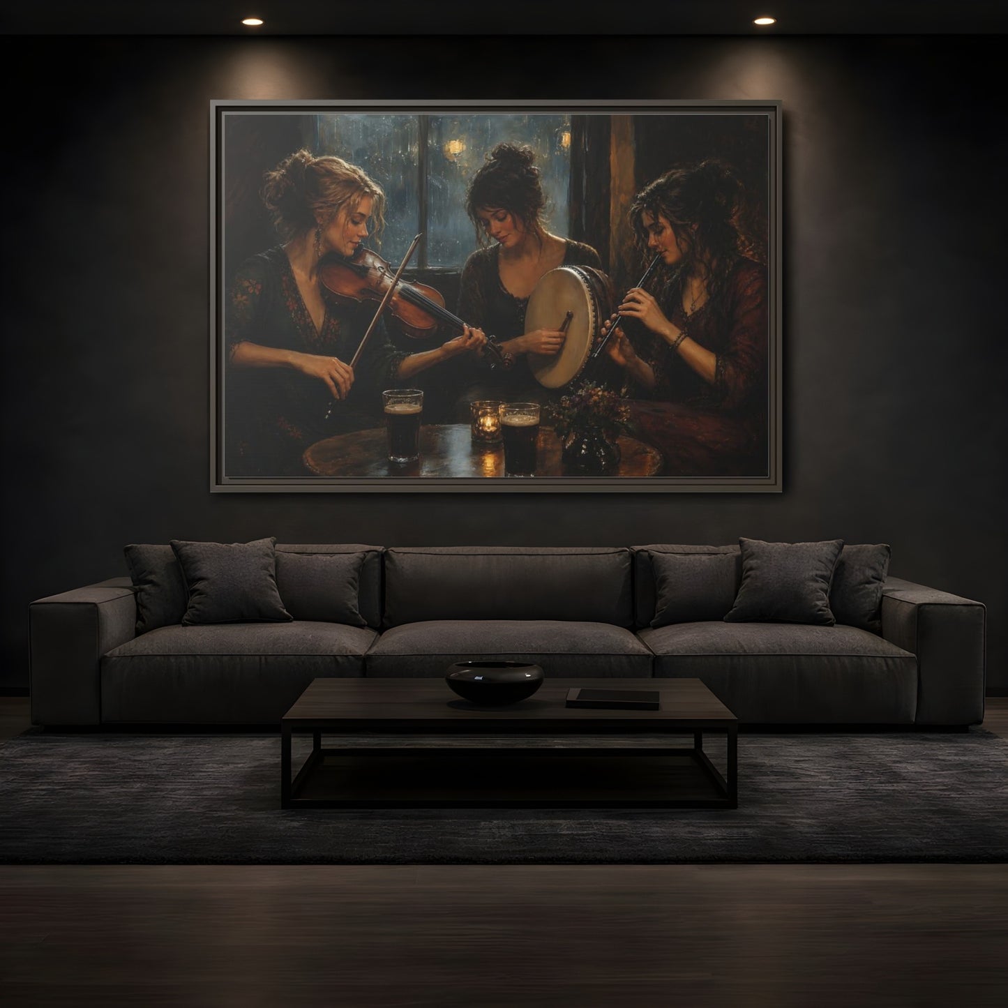 Mockup 3. Evening Folk Session shown as framed canvas print