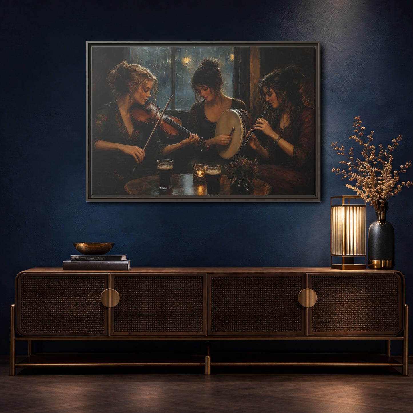 Mockup 4. Evening Folk Session shown as framed canvas print