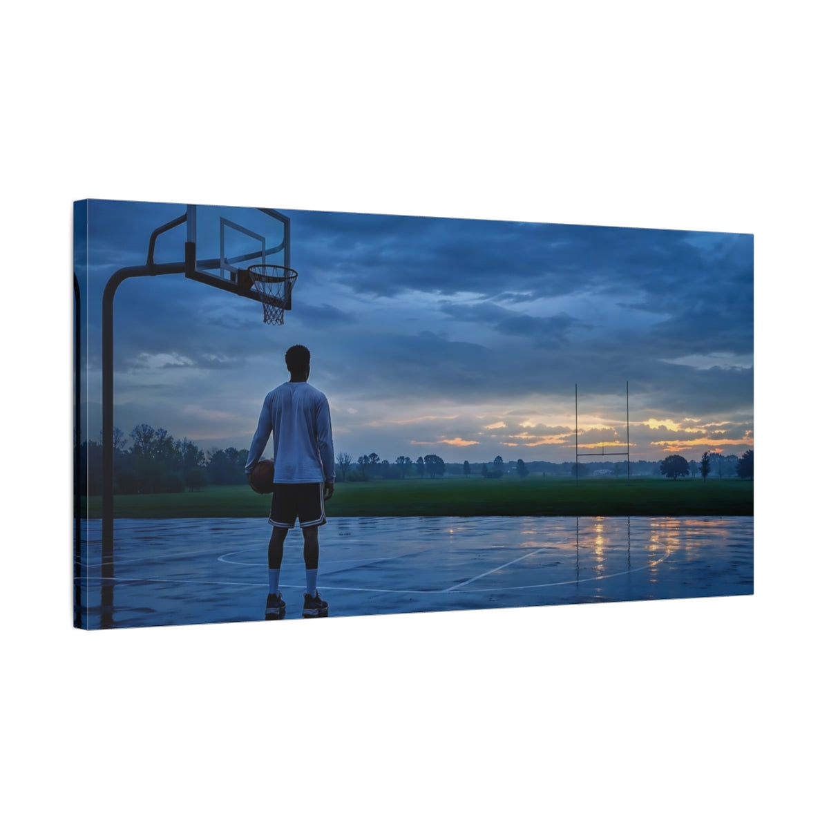 Side Mockup 1. Evening Hoops At Sunset shown as canvas print