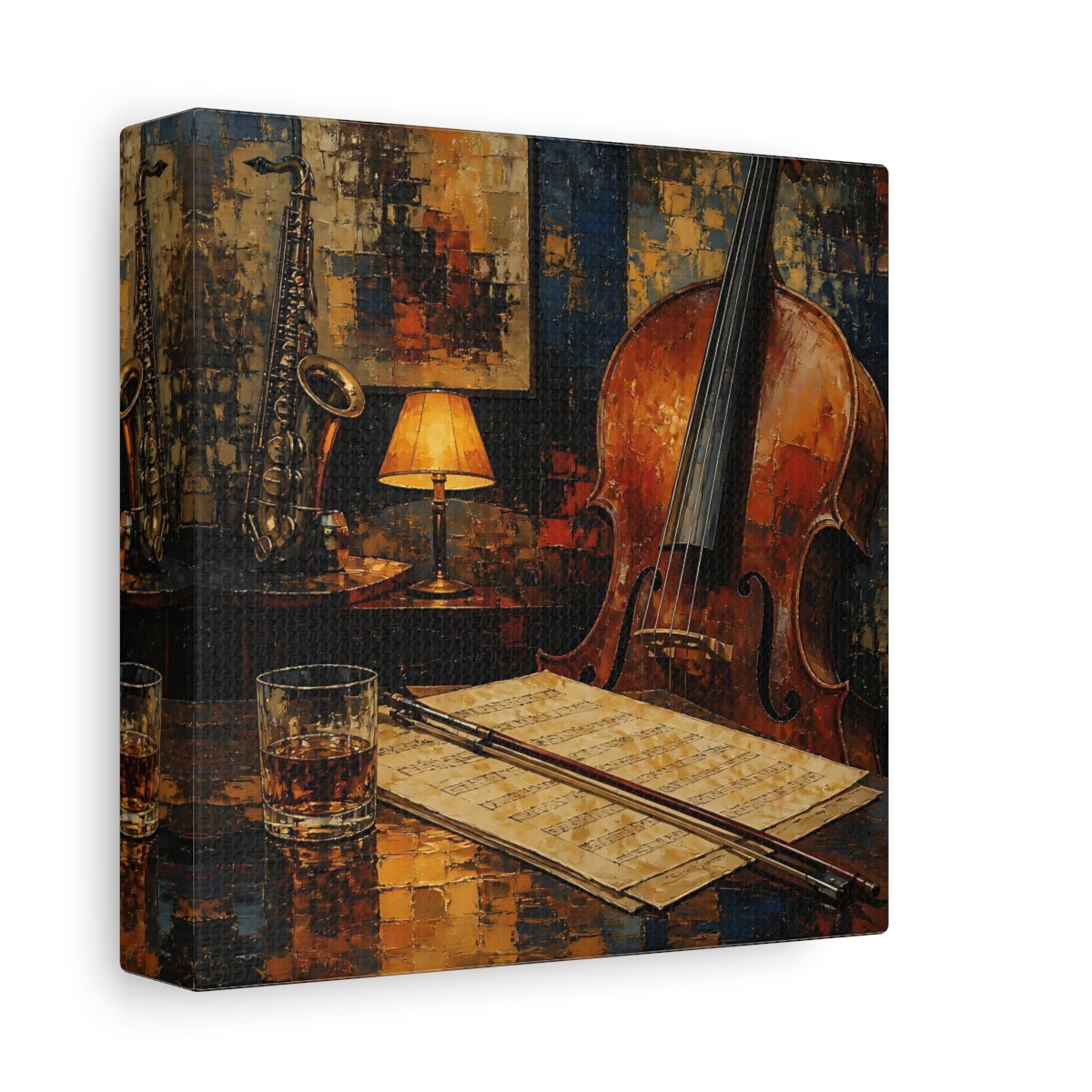 Side Mockup 2. Evening Jazz Still Life shown as canvas print