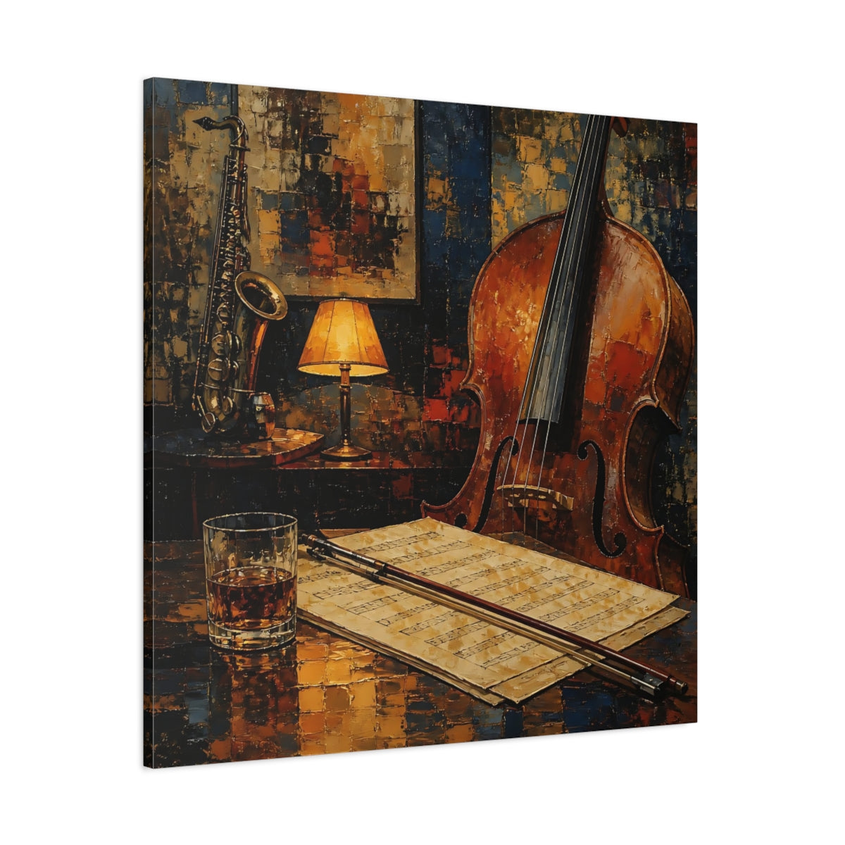 Side Mockup 1. Evening Jazz Still Life shown as canvas print