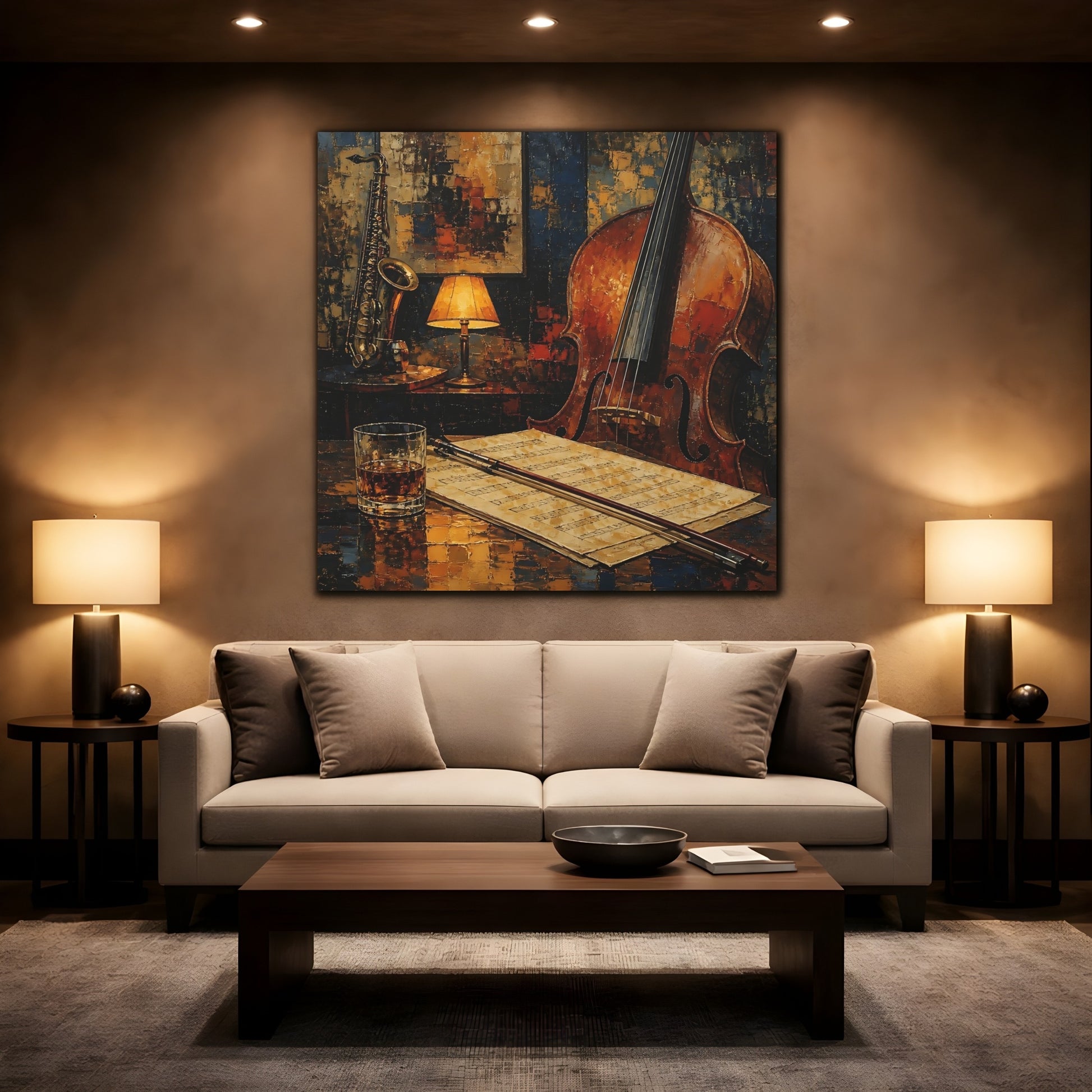 Mockup 2. Evening Jazz Still Life shown as canvas print