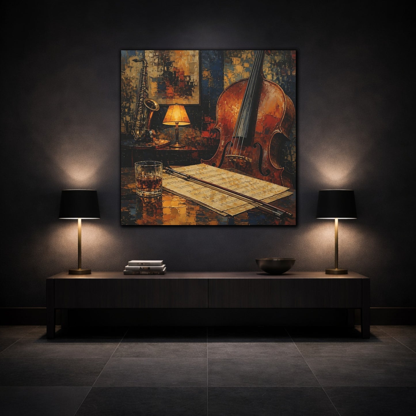 Mockup 3. Evening Jazz Still Life shown as canvas print