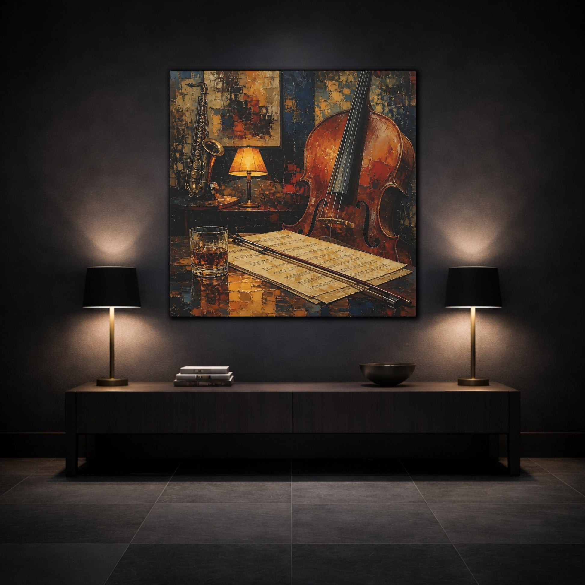 Mockup 3. Evening Jazz Still Life shown as canvas print