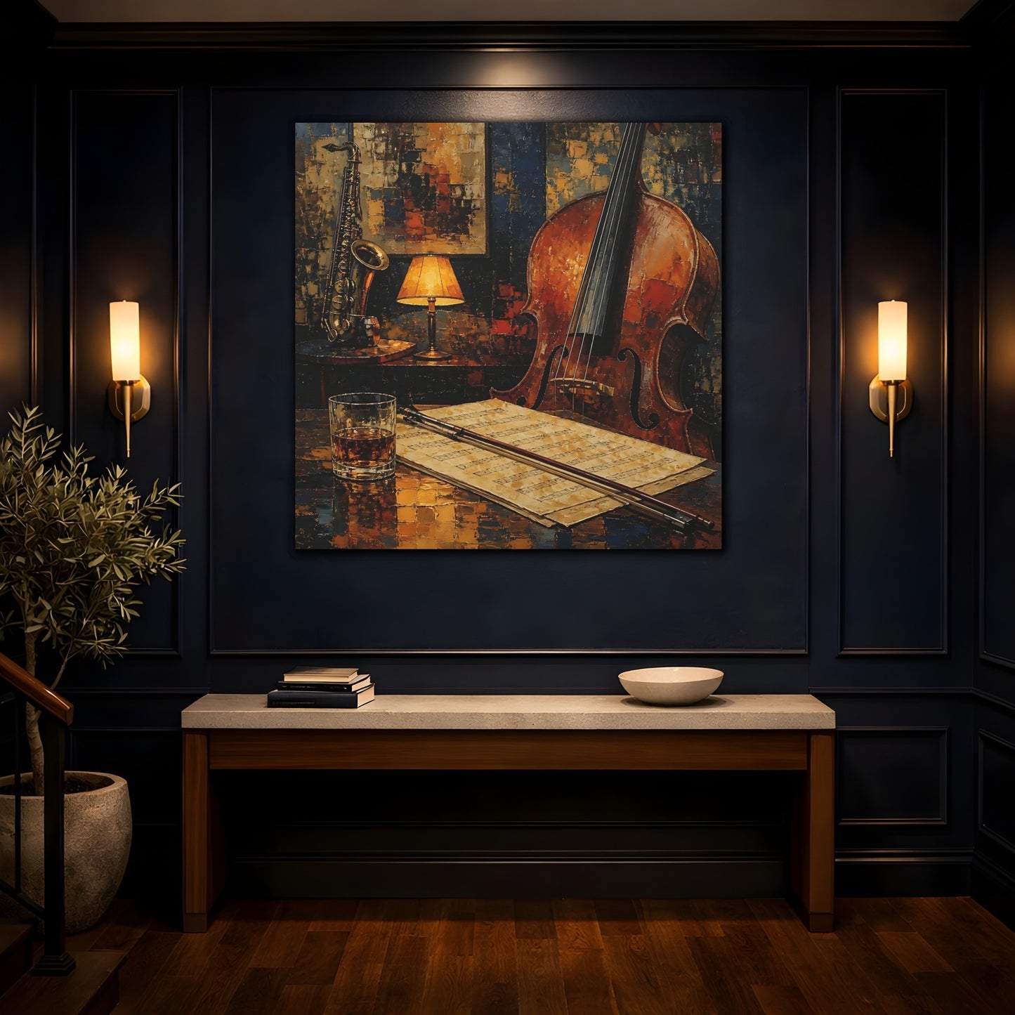 Mockup 4. Evening Jazz Still Life shown as canvas print