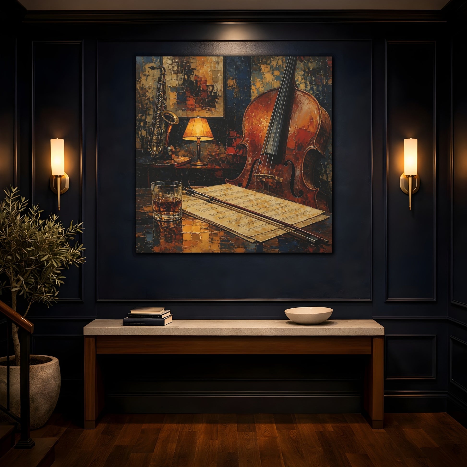 Mockup 4. Evening Jazz Still Life shown as canvas print