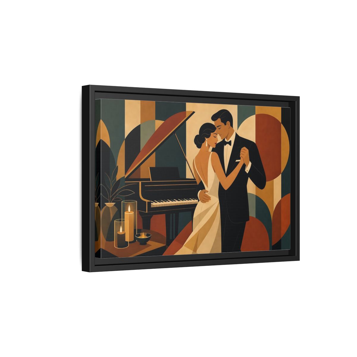 Side Mockup 6. Evening Piano Dance shown as framed canvas print
