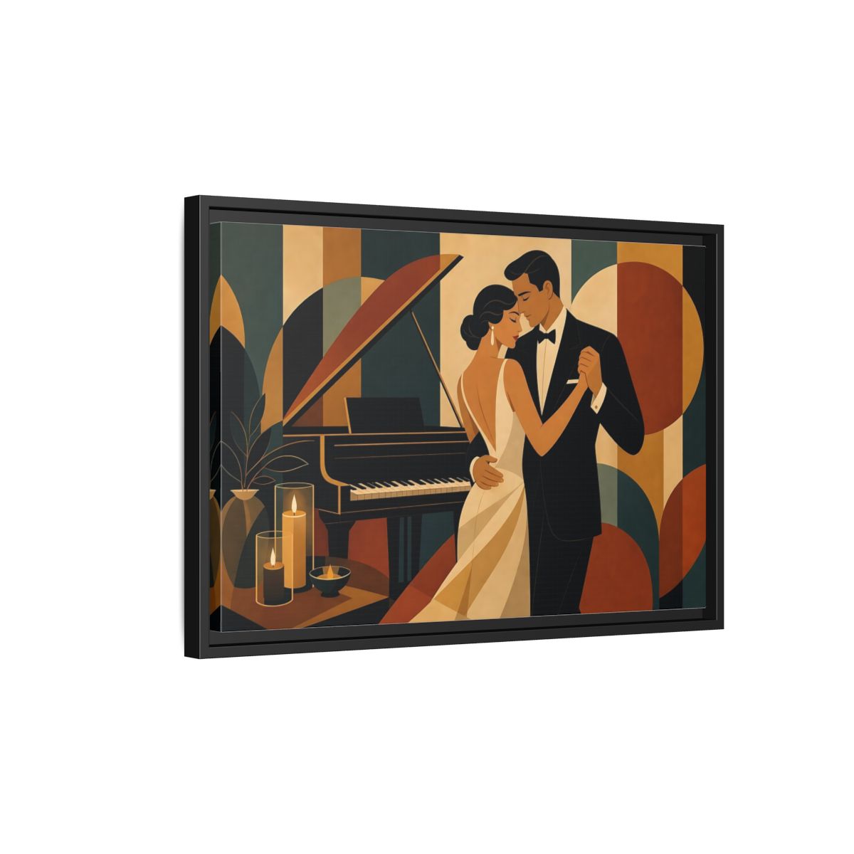 Side Mockup 3. Evening Piano Dance shown as framed canvas print