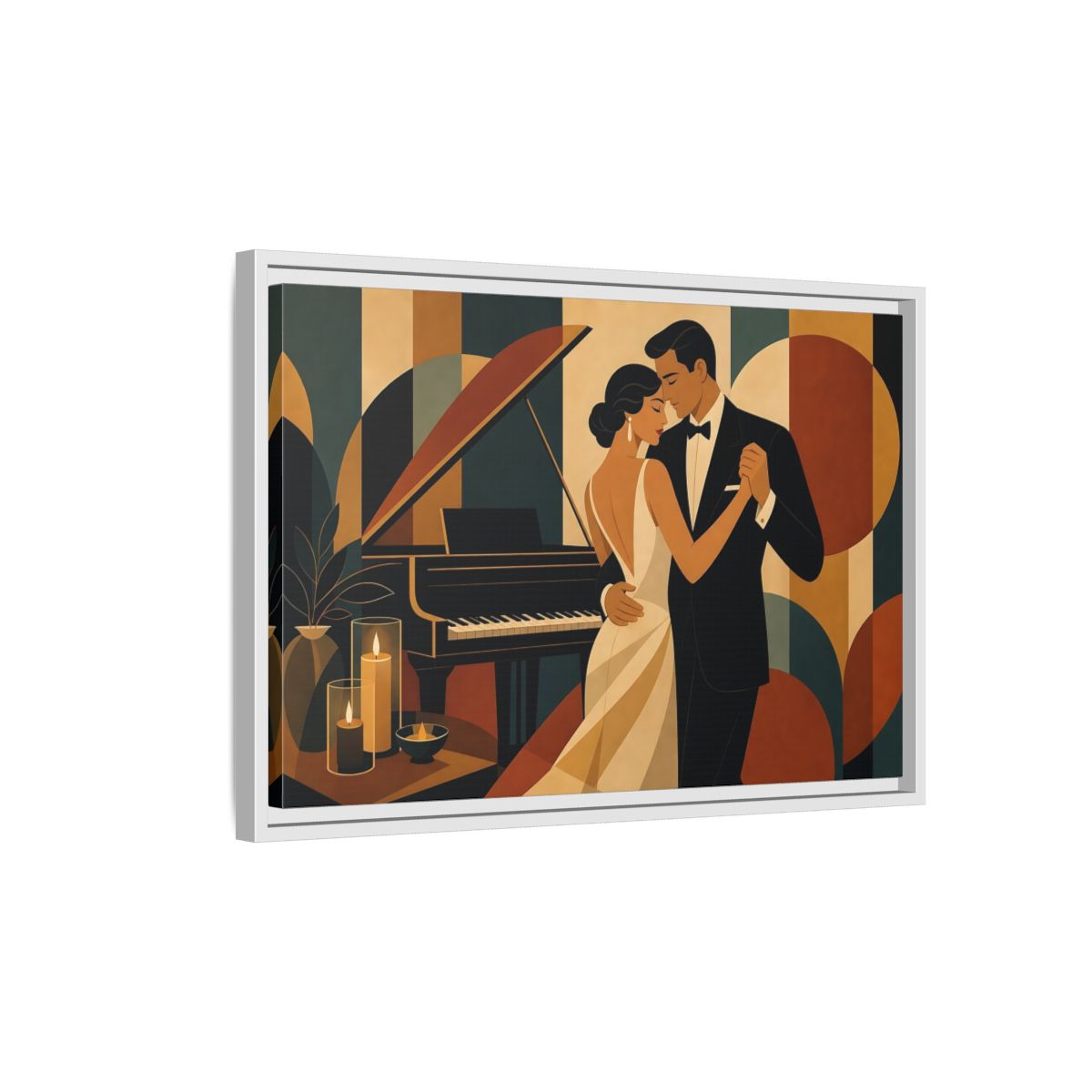 Side Mockup 1. Evening Piano Dance shown as framed canvas print