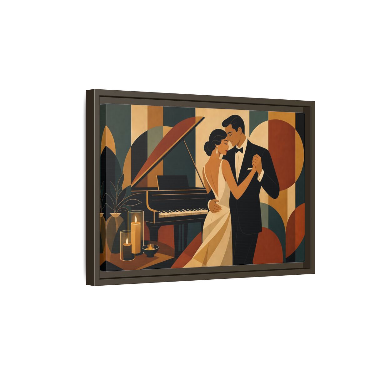 Side Mockup 5. Evening Piano Dance shown as framed canvas print