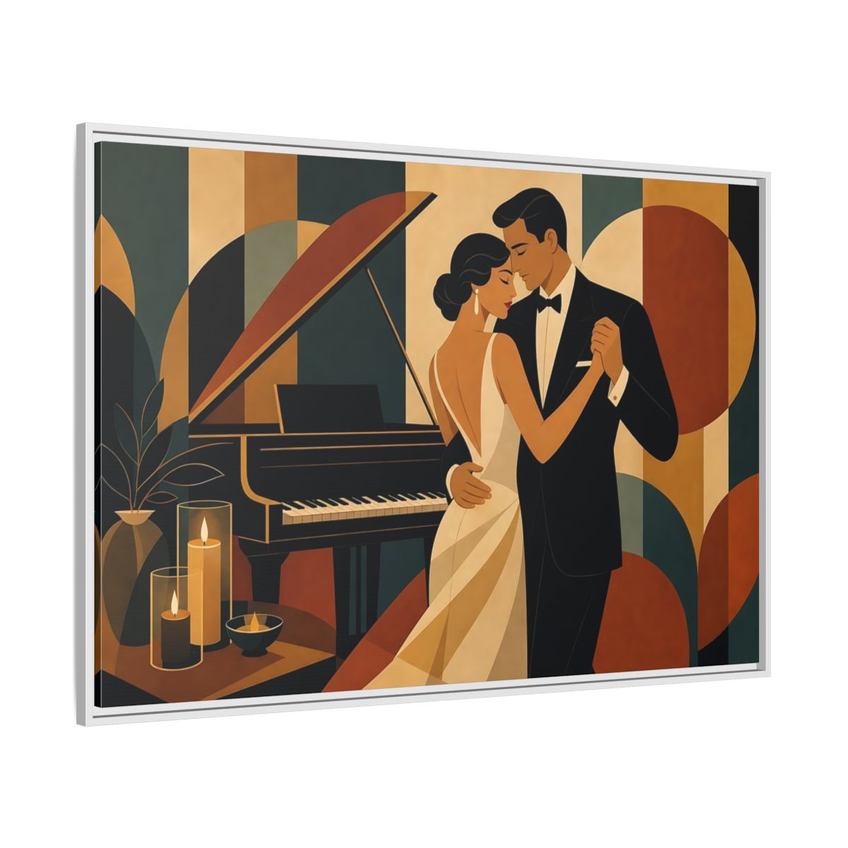 Side Mockup 7. Evening Piano Dance shown as framed canvas print