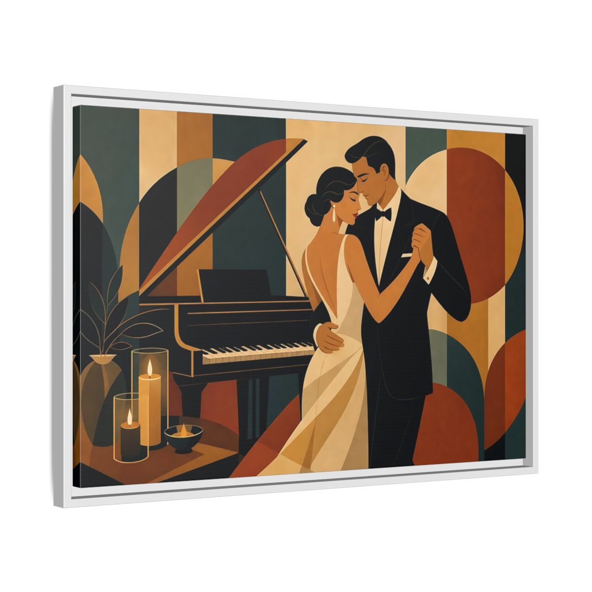 Side Mockup 10. Evening Piano Dance shown as framed canvas print