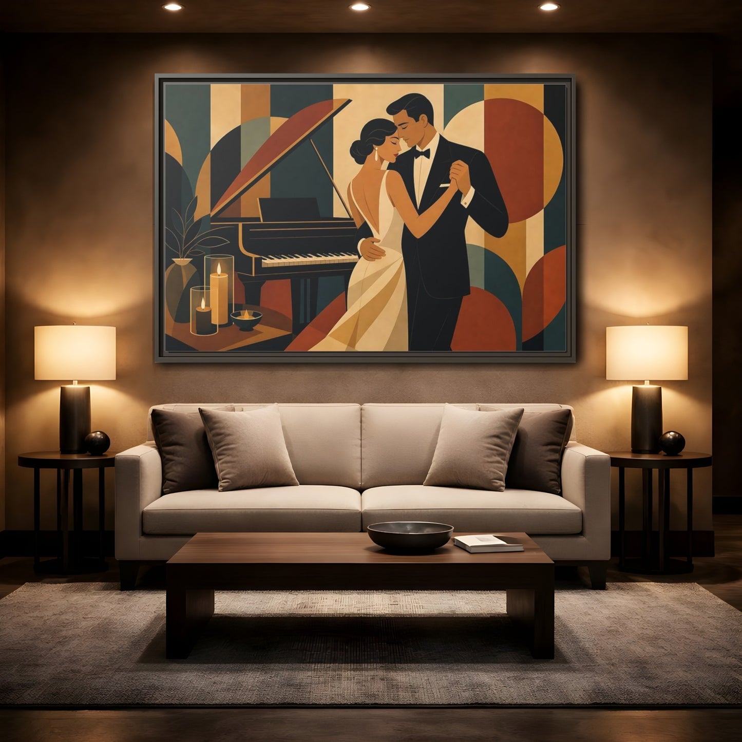 Mockup 2. Evening Piano Dance shown as framed canvas print