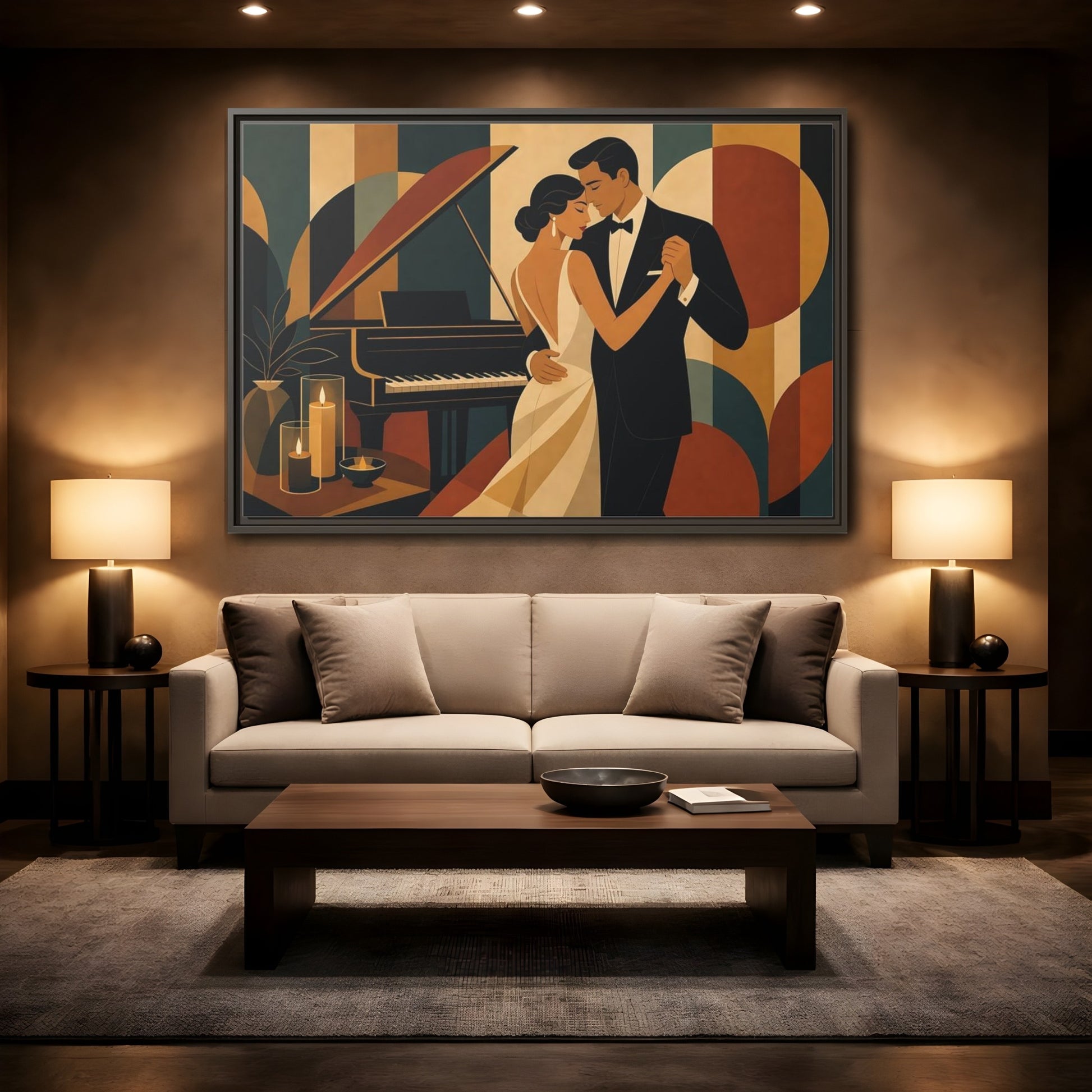 Mockup 2. Evening Piano Dance shown as framed canvas print