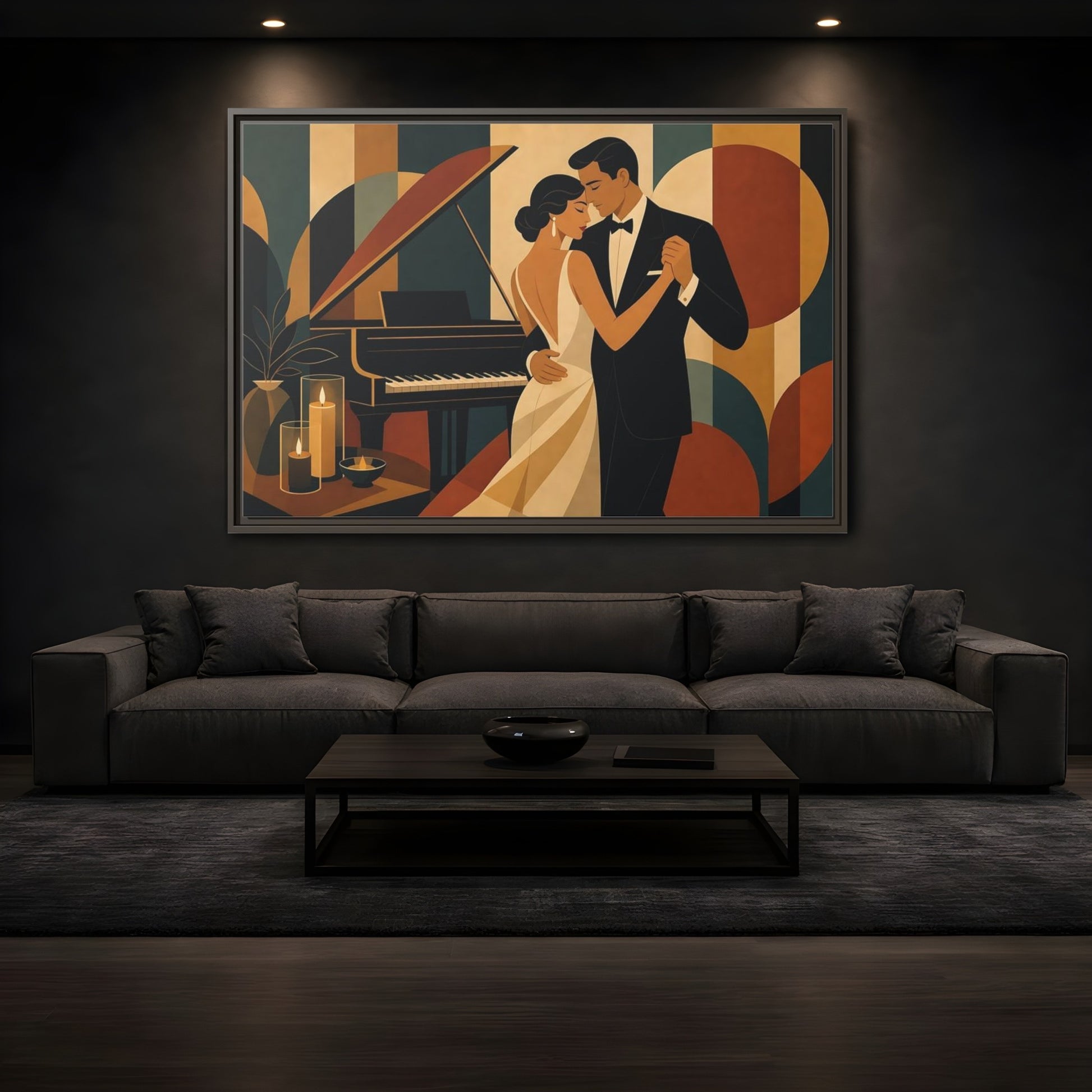Mockup 3. Evening Piano Dance shown as framed canvas print