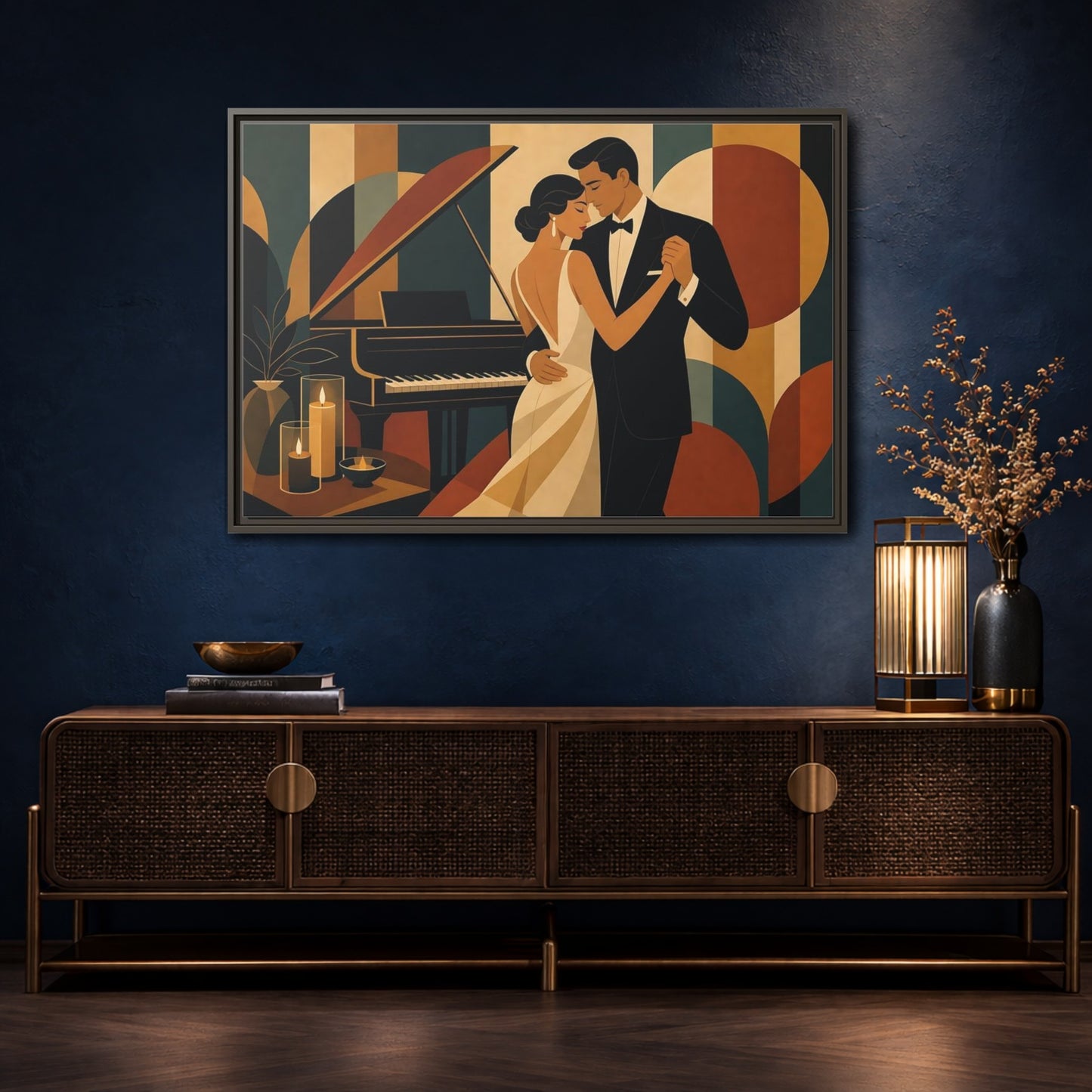 Mockup 4. Evening Piano Dance shown as framed canvas print