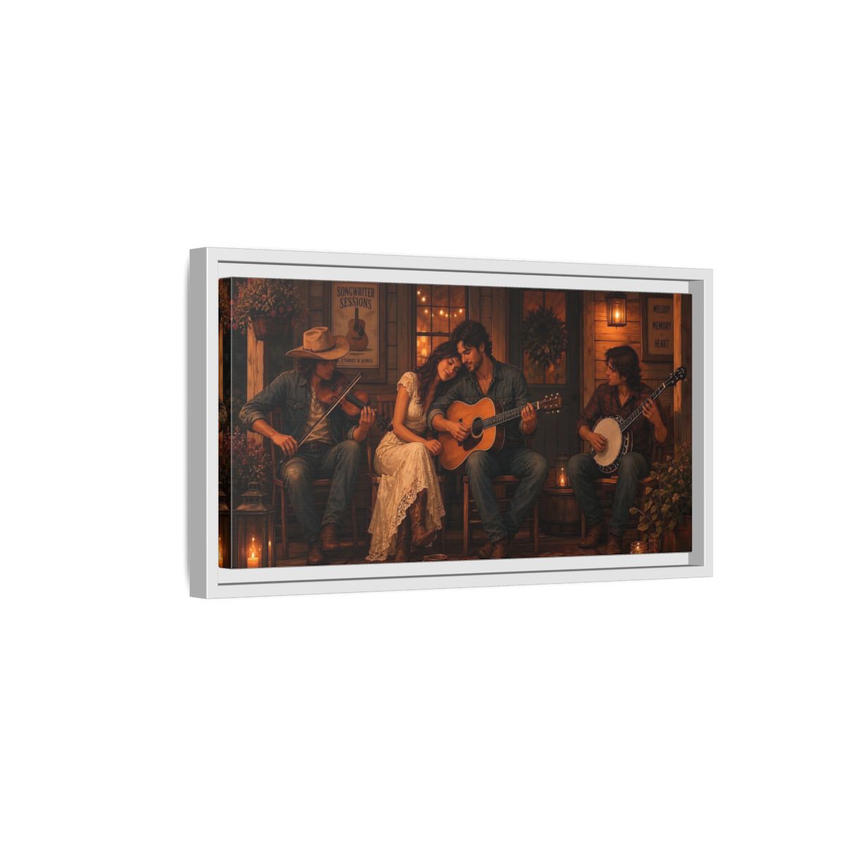 Side Mockup 6. Evening Porch Serenade shown as framed canvas print