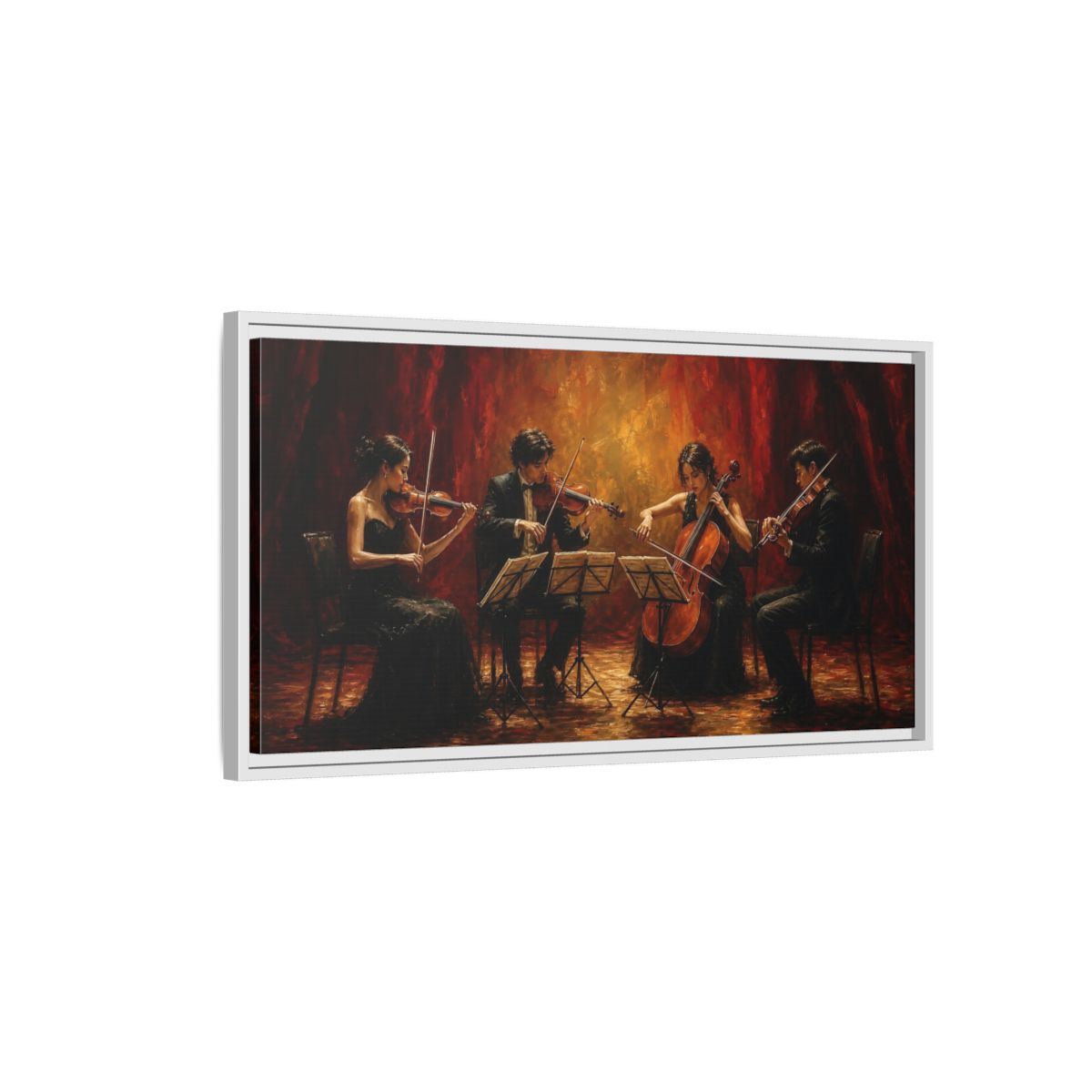 Side Mockup 1. Evening String Quartet shown as framed canvas print