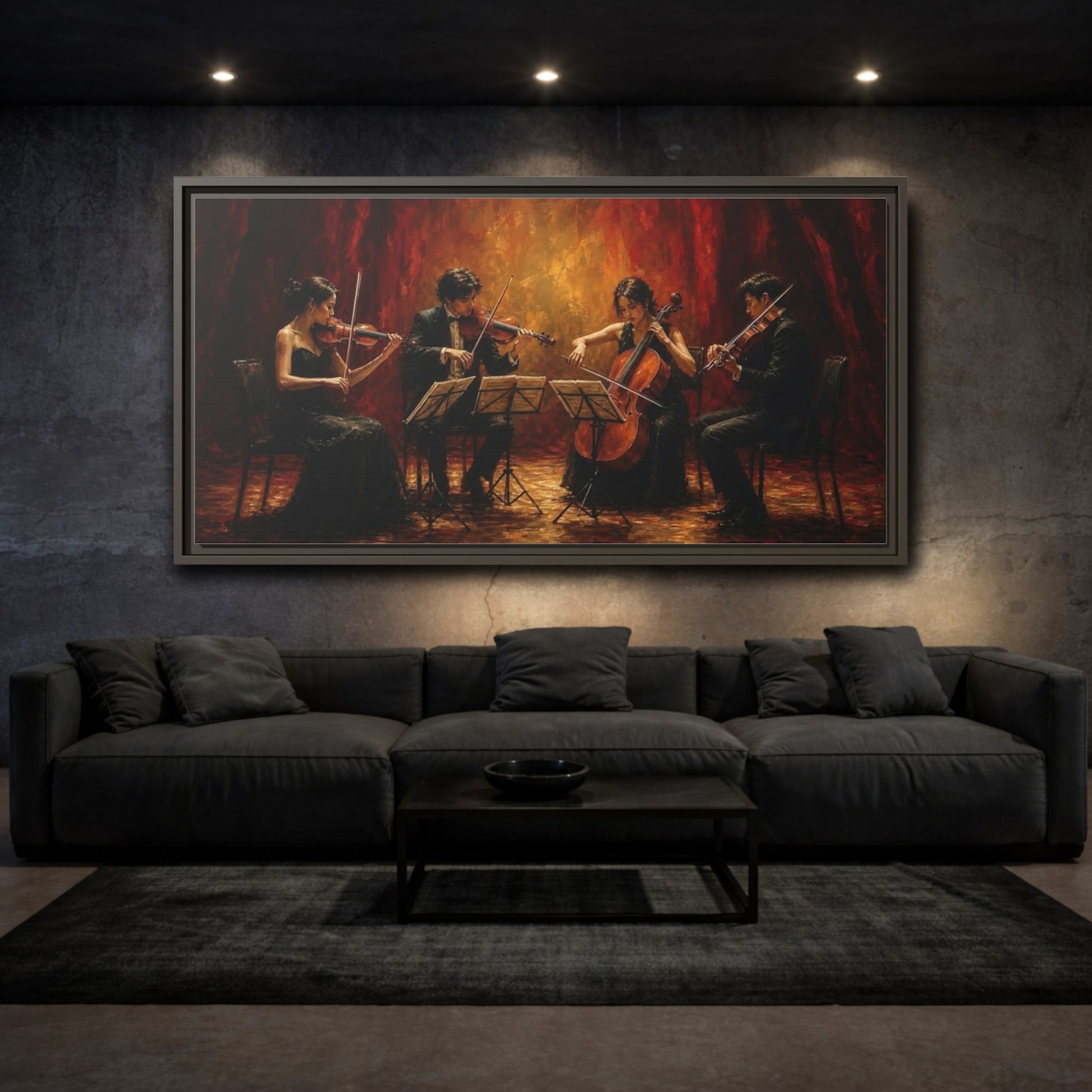 Mockup 3. Evening String Quartet shown as framed canvas print