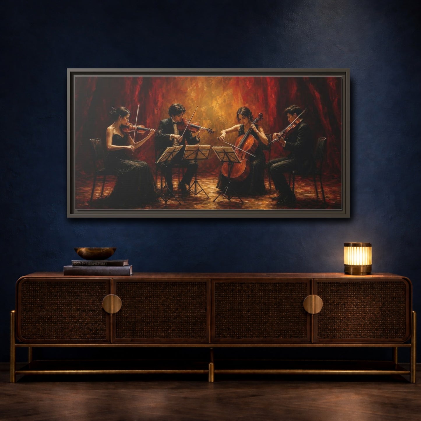 Mockup 4. Evening String Quartet shown as framed canvas print