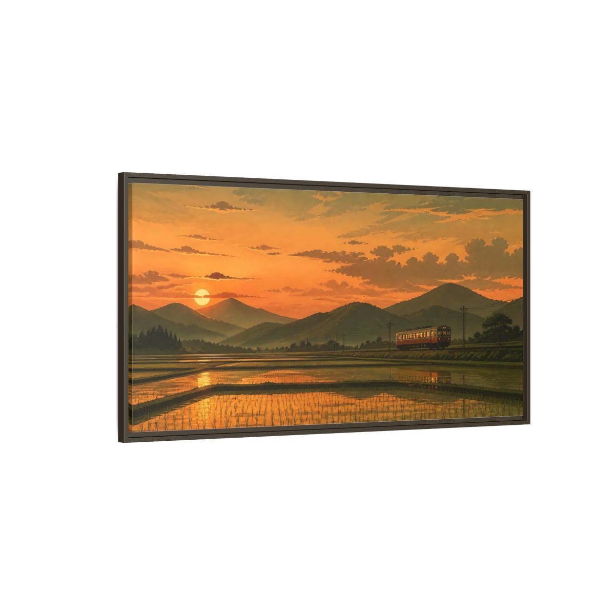 Side Mockup 4. Evening Train Through Rice Fields shown as framed canvas print