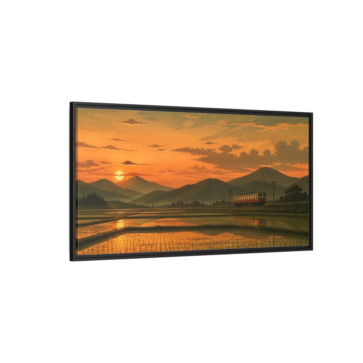 Side Mockup 5. Evening Train Through Rice Fields shown as framed canvas print