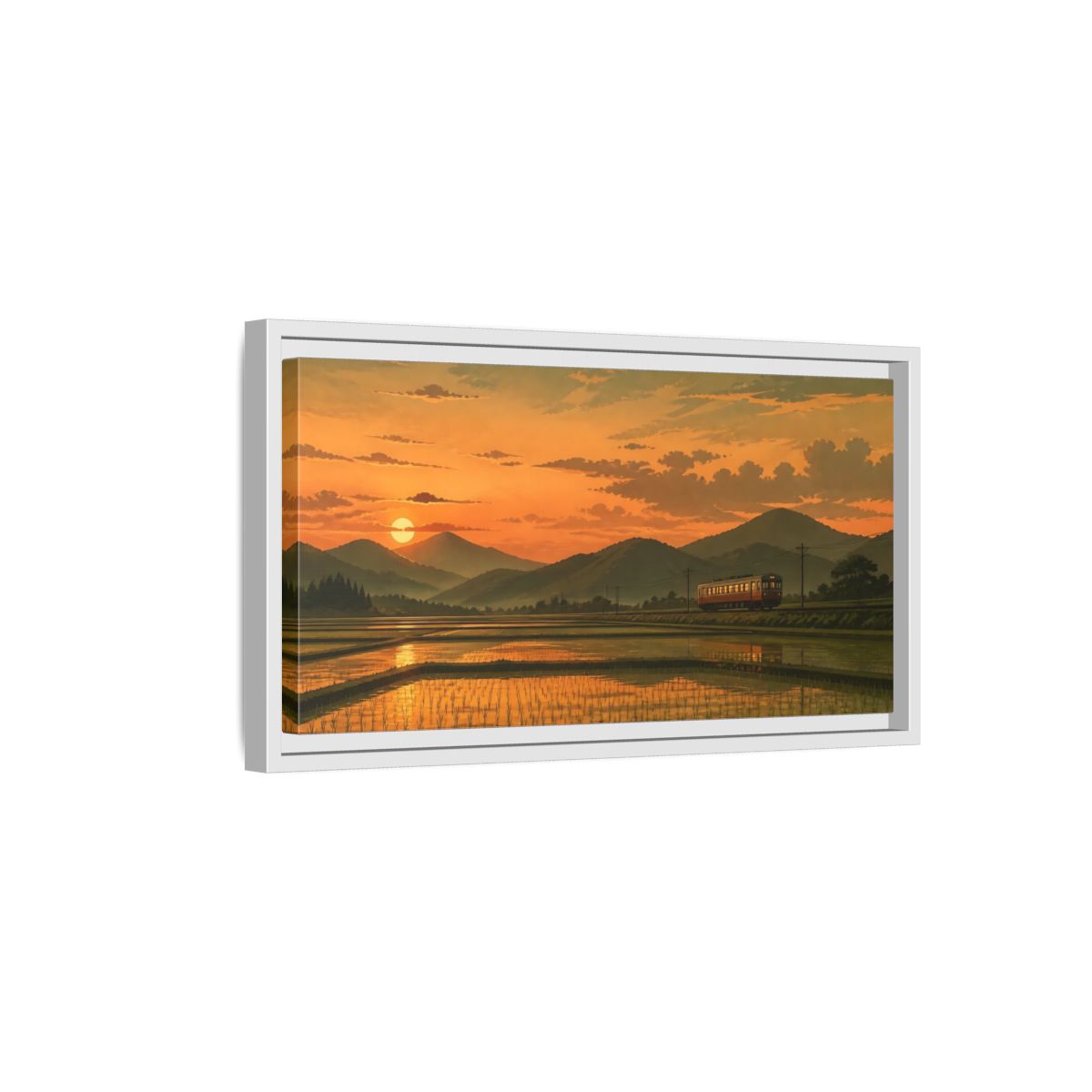 Side Mockup 6. Evening Train Through Rice Fields shown as framed canvas print