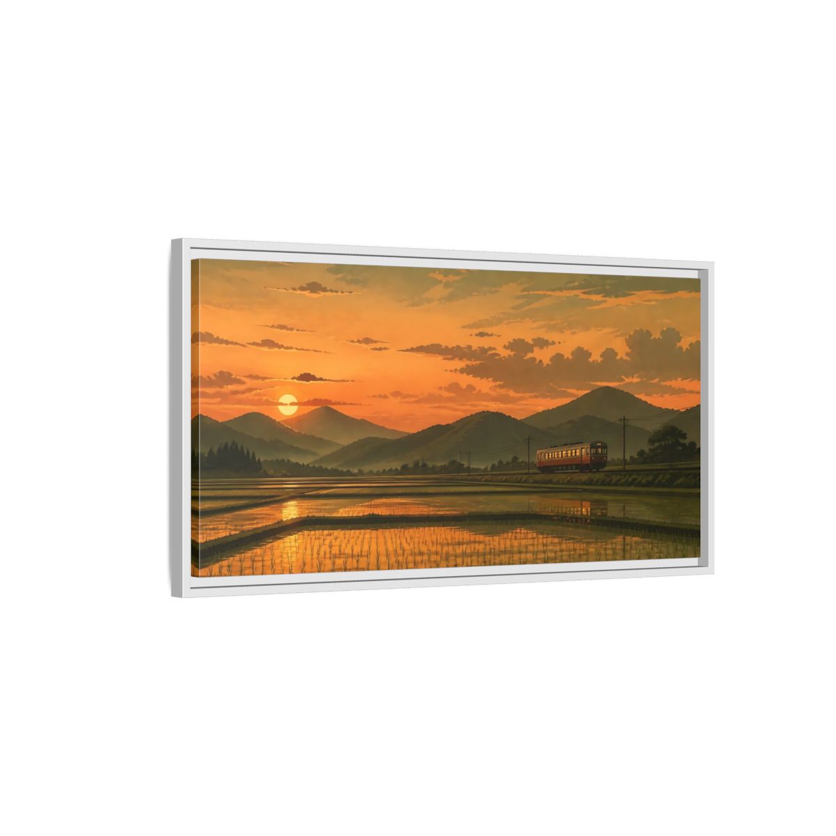 Side Mockup 1. Evening Train Through Rice Fields shown as framed canvas print