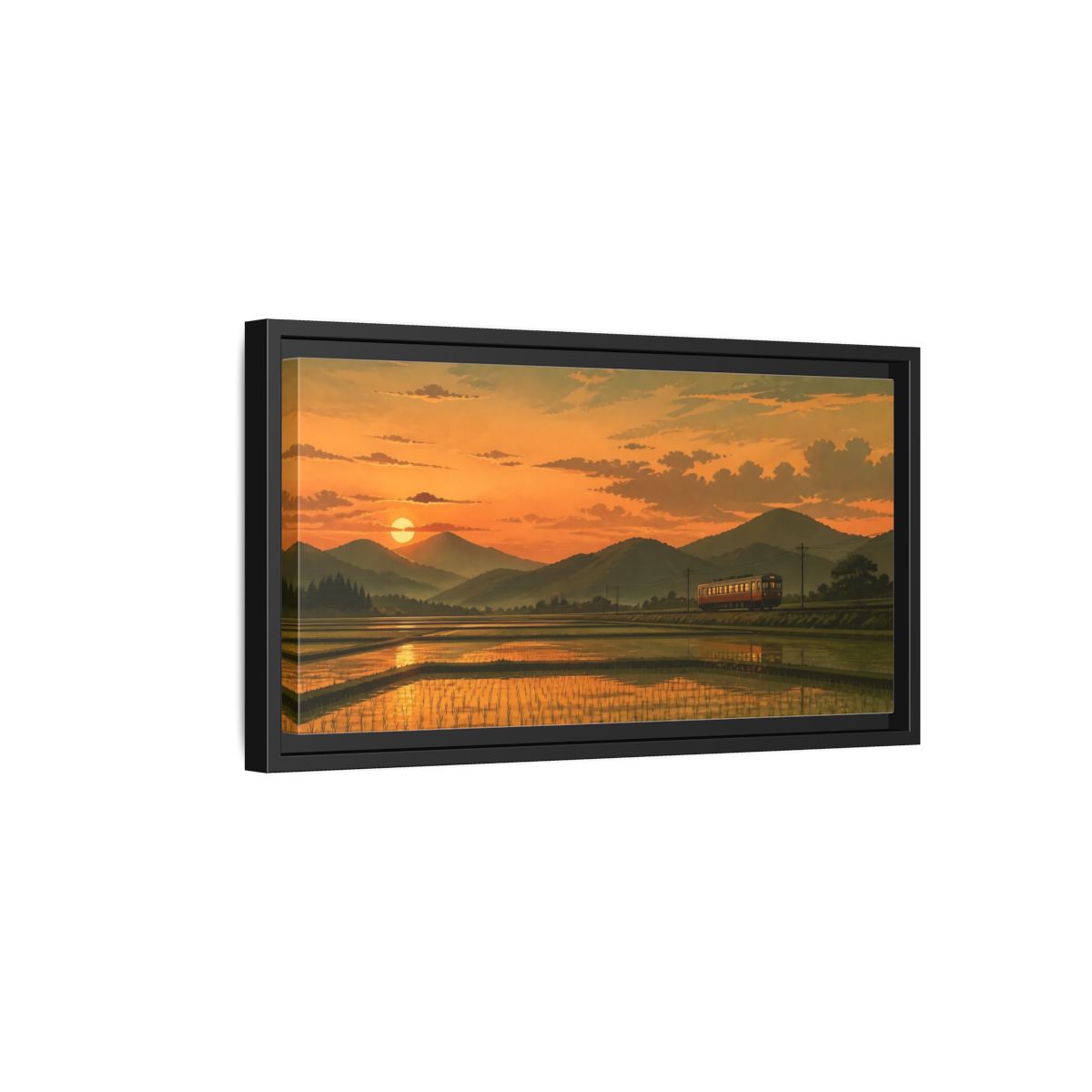 Side Mockup 8. Evening Train Through Rice Fields shown as framed canvas print