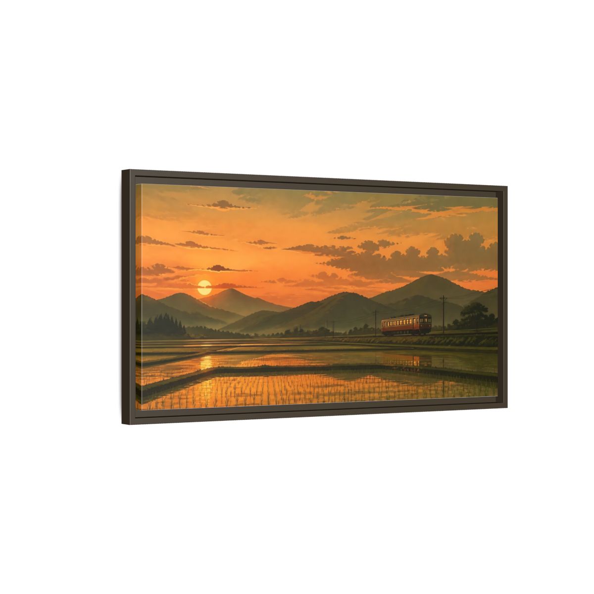 Main Mockup. Evening Train Through Rice Fields shown as framed canvas print