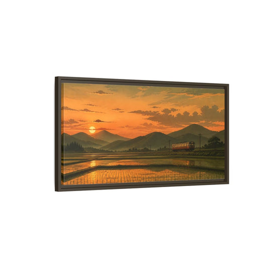 Main Mockup. Evening Train Through Rice Fields shown as framed canvas print