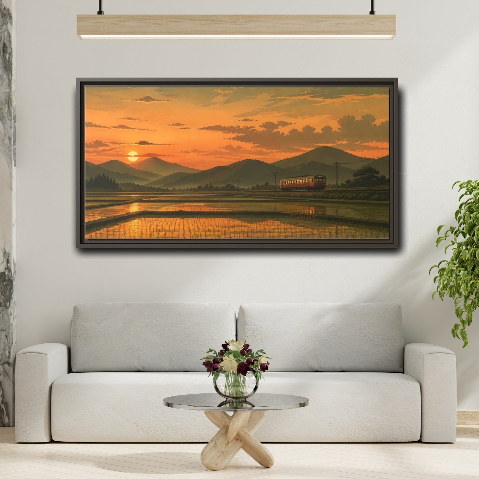 Mockup 2. Evening Train Through Rice Fields shown as framed canvas print