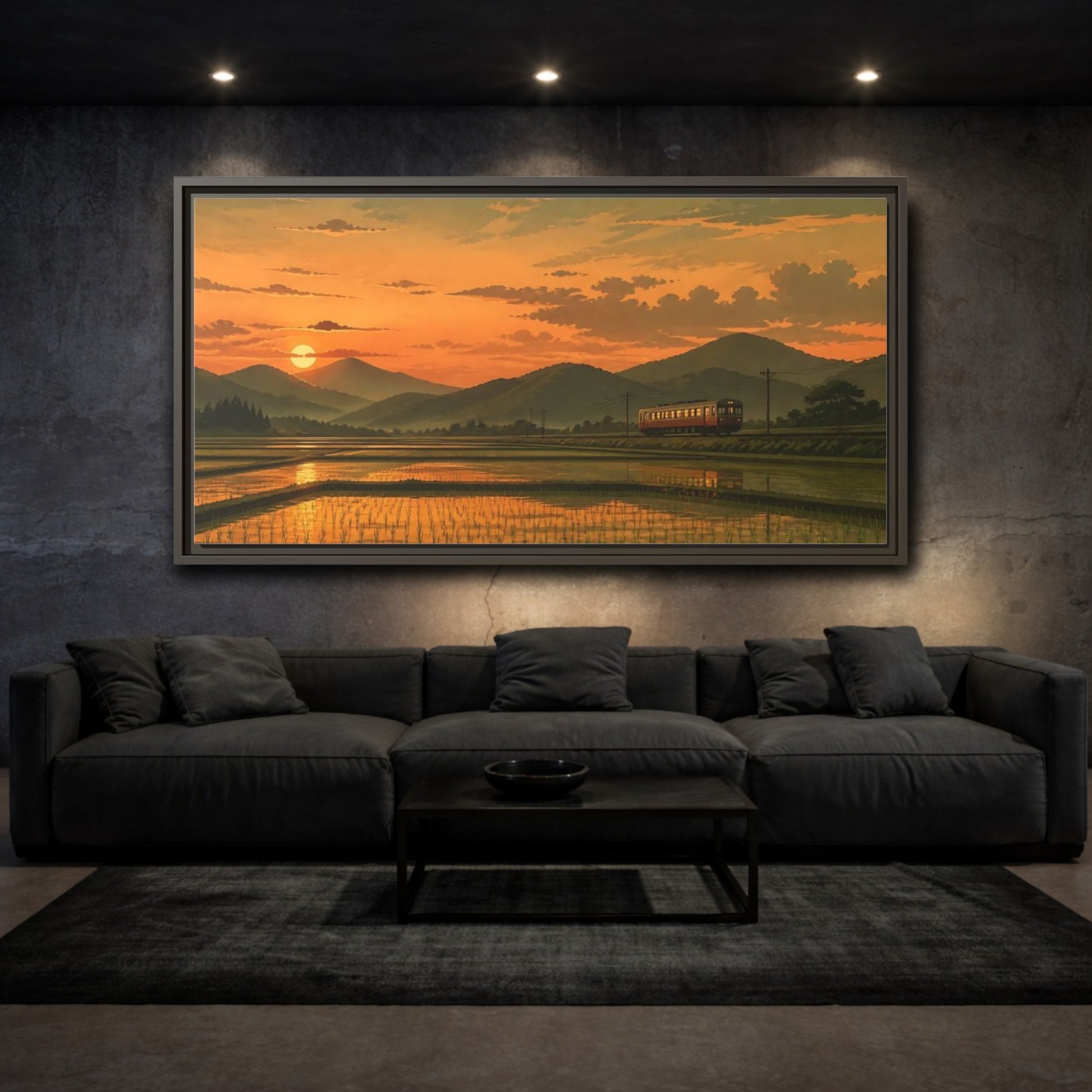 Mockup 3. Evening Train Through Rice Fields shown as framed canvas print