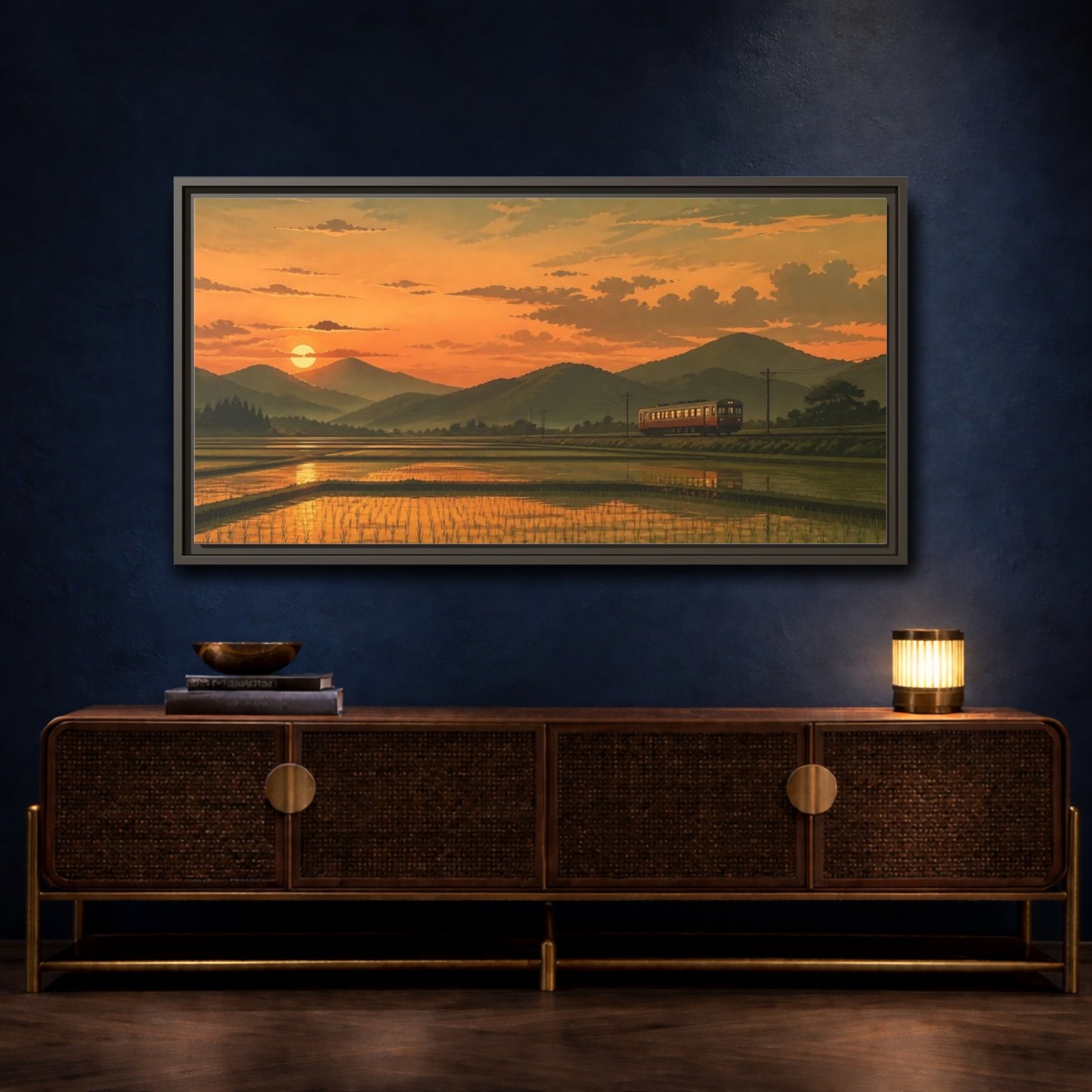 Mockup 4. Evening Train Through Rice Fields shown as framed canvas print