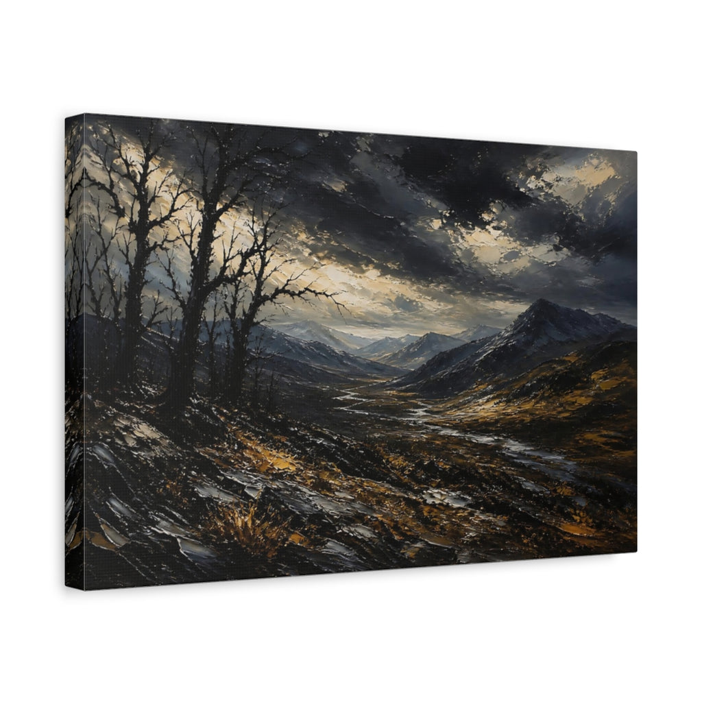 Side Mockup 4. Expressive Impasto Landscape Painting Black Trees Near Storm Valley In Dark Twilight shown as stretched canvas wall art