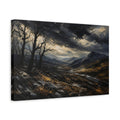 Side Mockup 4. Expressive Impasto Landscape Painting Black Trees Near Storm Valley In Dark Twilight shown as stretched canvas wall art