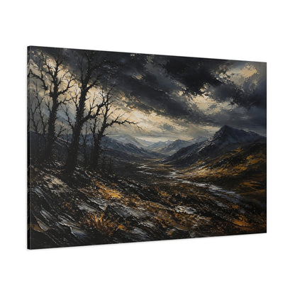 Side Mockup 1. Expressive Impasto Landscape Painting Black Trees Near Storm Valley In Dark Twilight shown as stretched canvas wall art